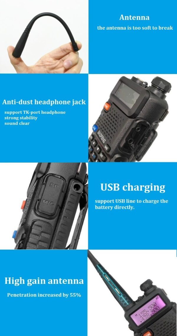 Baofeng UV5R Ham Radio with 3800mAh Extend Battery Speaker Microphone Programming Cable Security Headset Car Charger High Gain Antenna - Image 4