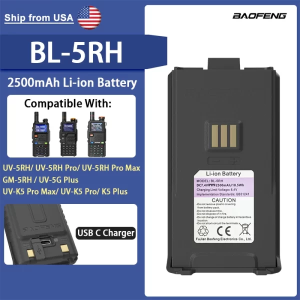 100% Original Baofeng UV-5RH Pro Max Battery GM-5RH Li-ion Battery USB-C Charger BF-K5 Plus UV-5GPlus Walklie Talkie Rechargable