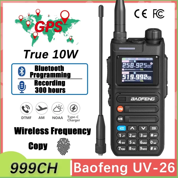 BAOFENG UV-26 Walkie Talkie GPS 10W Bluetooth APP Programming Recording Six Band Wireless Copy Frequency NOAA USB C Charger