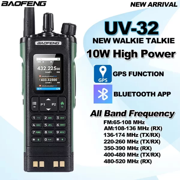 BAOFENG UV-32 Walkie Talkie GPS 10W Bluetooth APP Programming Recording Six Band Wireless Scan Frequency Type-C Charger UV32