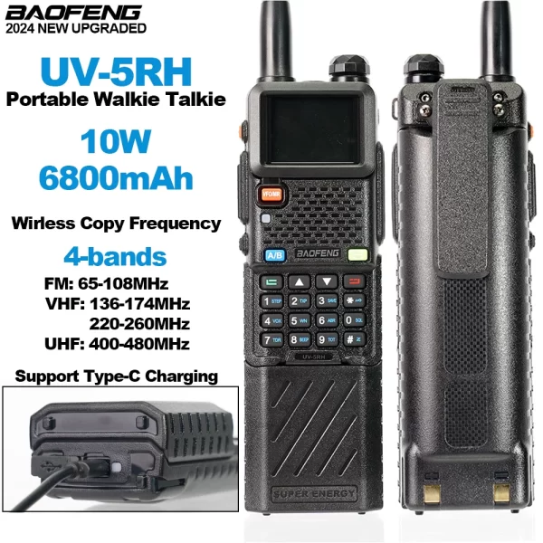 BAOFENG UV-5RH Walkie Talkie With Upgraded Battery 6800mAh BF-UV5RH Two Way Radios 10W 999CH Wirless Copy Frequency FM Radio 5RH