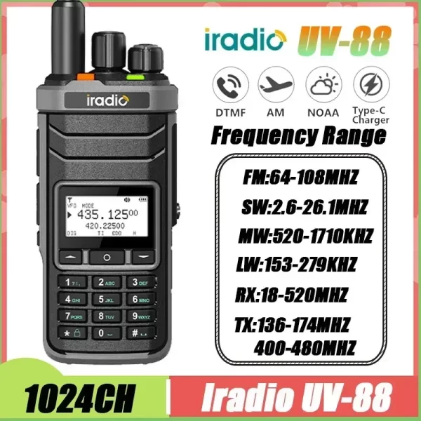 Iradio UV 88 Walkie Talkie Shortwave 2.3-26.1mhz UV88 FM/SW/MW/LW Radio Multi Band Type-C charge NOAA 1024CH Equal Radtel RT-860 - Image 2