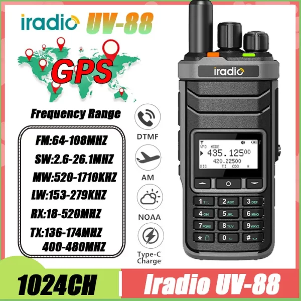 Iradio UV-88 GPS Portable Radio Shortwave UV88 Radio Type-C Charging 18-520mhz Receiving NOAA 1024 Channel Frequency Channel Scan