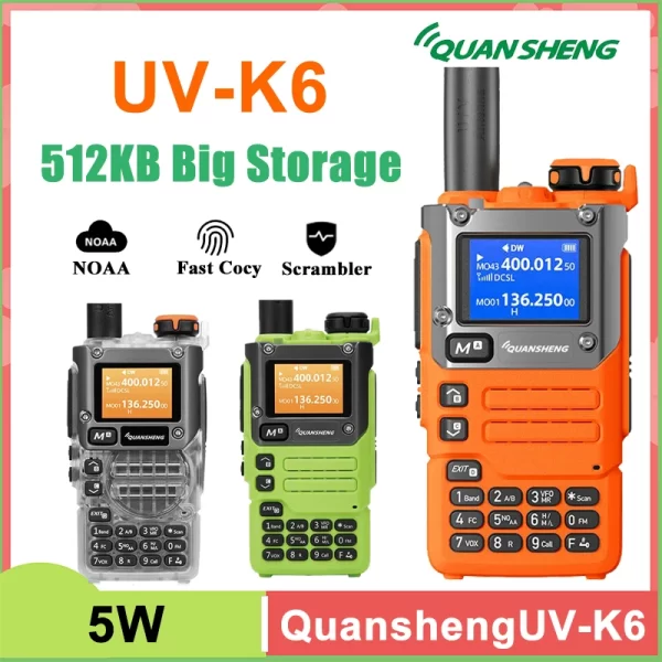 Quansheng UV-K6 Walkie Talkie 512KB Big Storage UV-K58 Type-C Charge 50-600MHz NOAA Wireless Frequency Green Orange Transparent