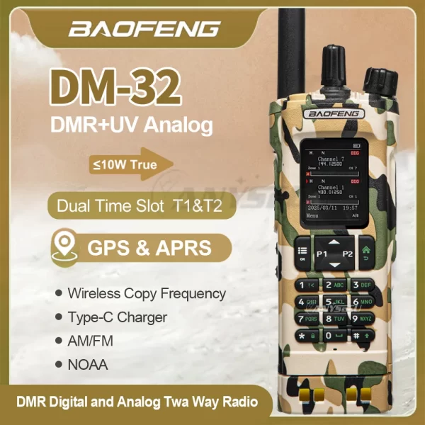 Baofeng DM-32 DMR camouflage GPS 10W Multi Band Wireless Copy Frequency Bluetooth Programming Long Range Digital Radio