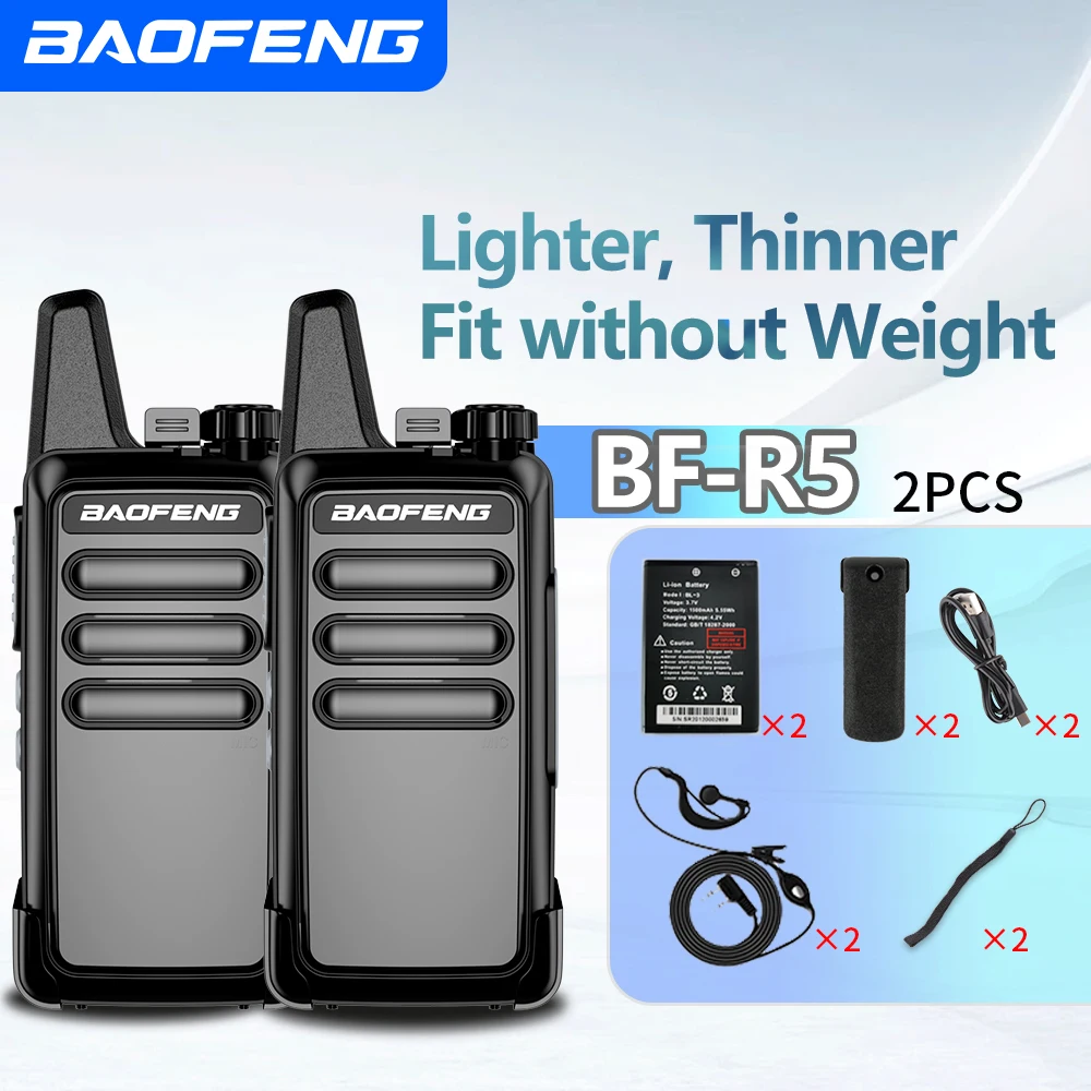 Baofeng BF-R5 Mini High Power 5W Two-Way Radio USB Rechargeable Slim Handheld Intercom VOX for Camping & Security