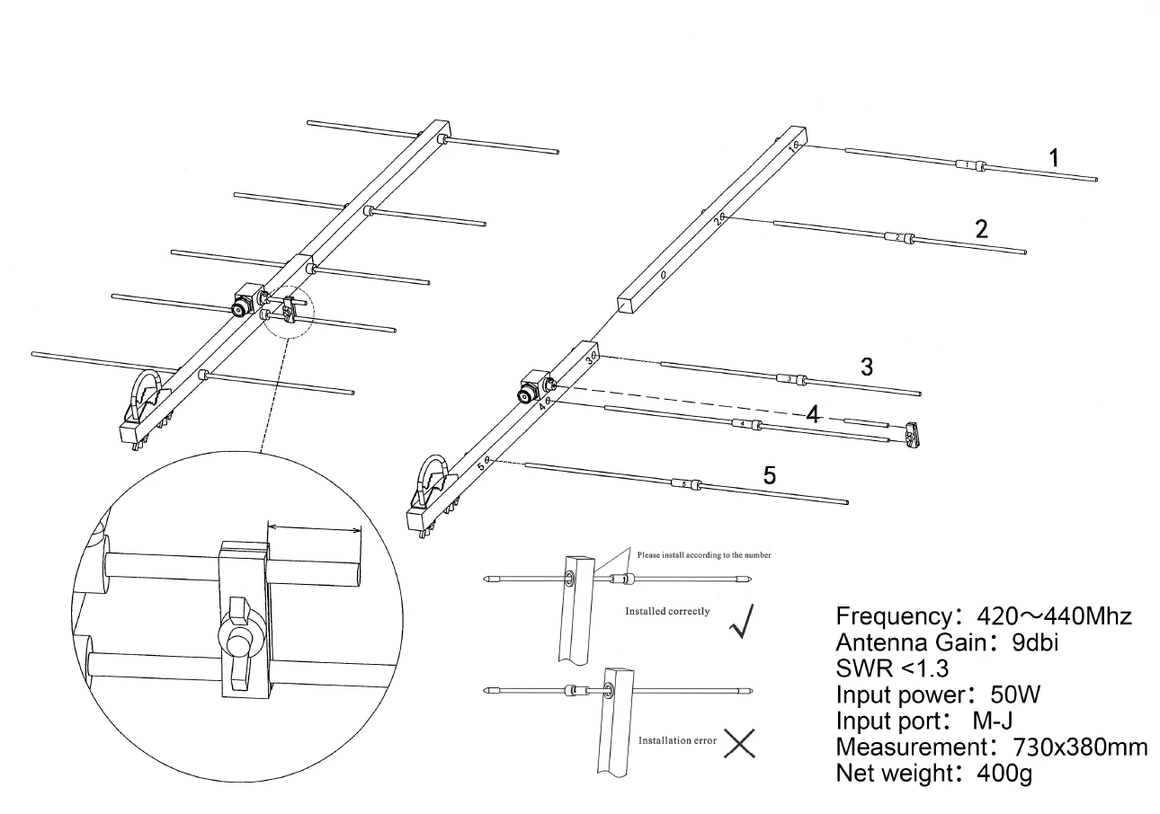 UHF Yagi Antenna High Gain 5 Elements Detachable and Portable Adjustable 420-450MHz Amateur Band - Image 5