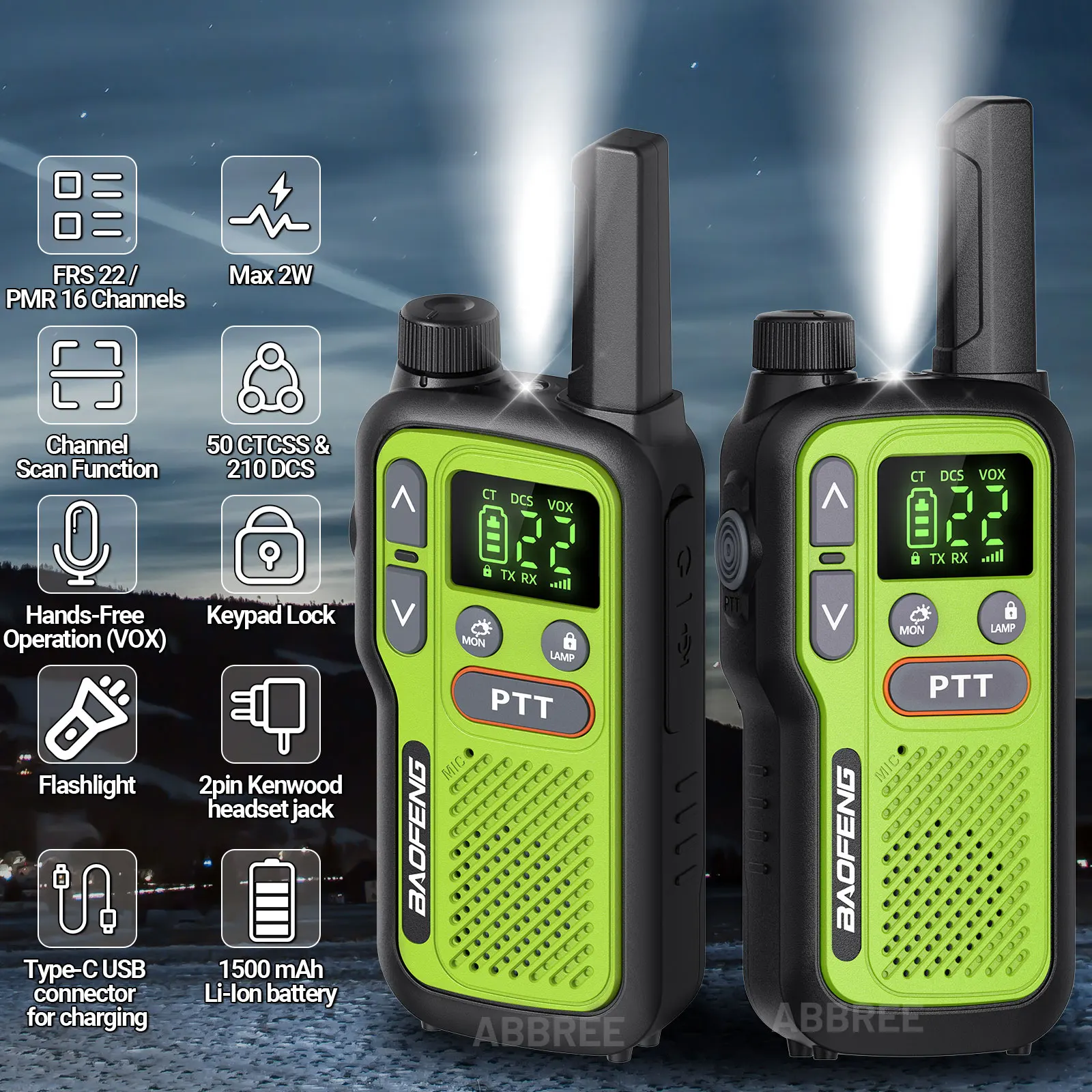 Pair Baofeng BF-T18 Dual PTT Handheld Transceiver, Slim 2-Way Radio with USB-C Charging & NOAA Weather Service - Image 2
